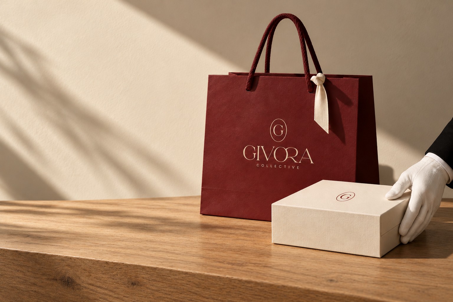 A Burgundy Givora bag and Ivory gift box on oak, with a gloved hand presenting the gift in warm window light