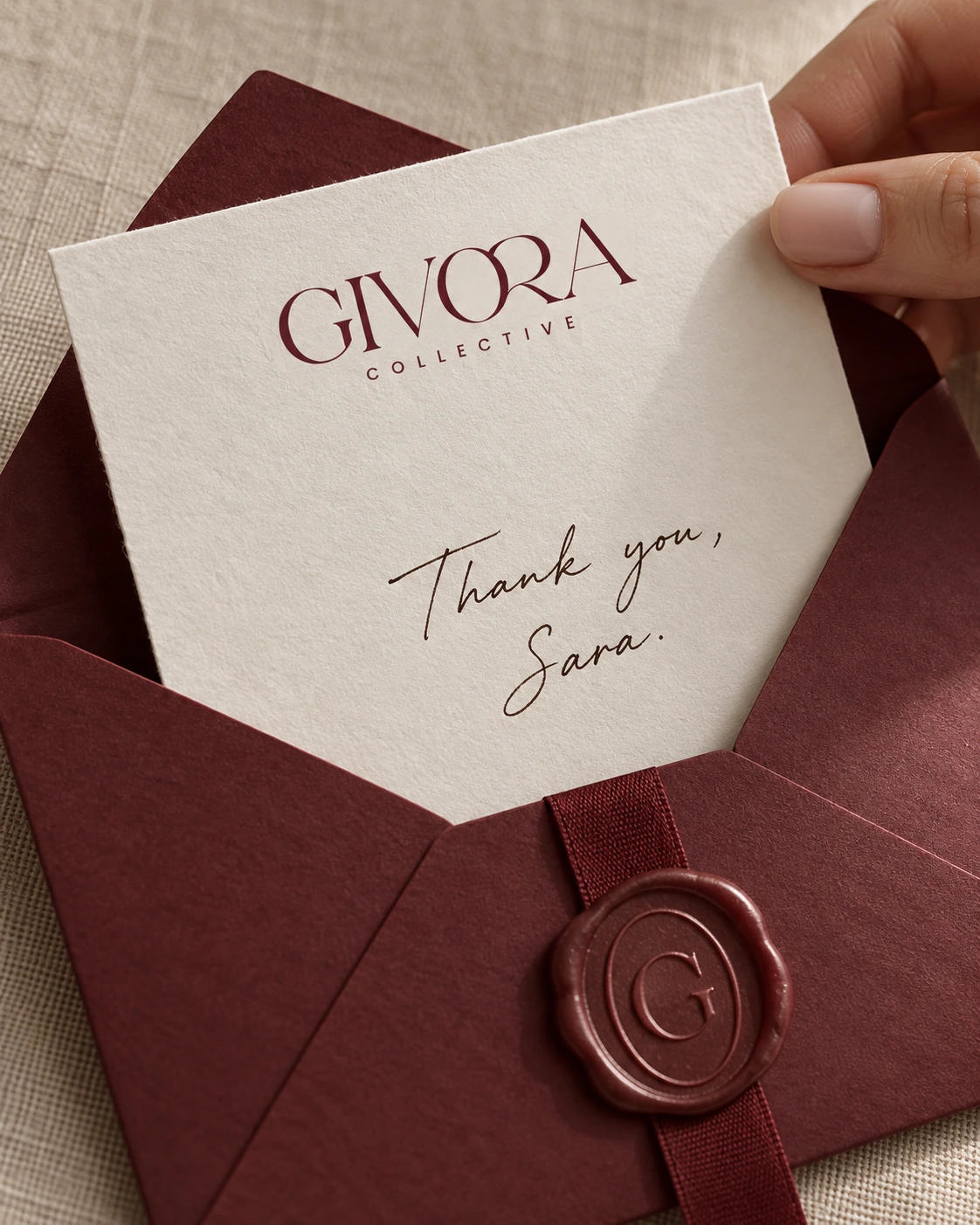 A hand holding a handwritten Ivory thank you card above a Burgundy sealed envelope