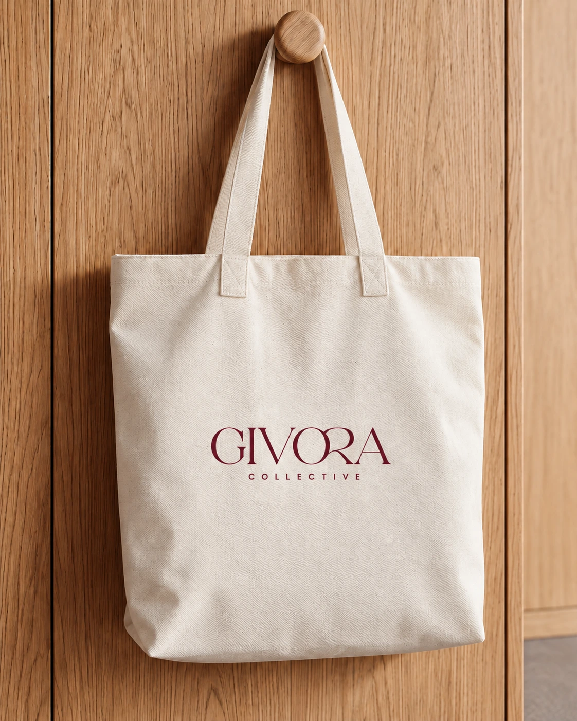 An Ivory cotton Givora tote hanging against an oak wall