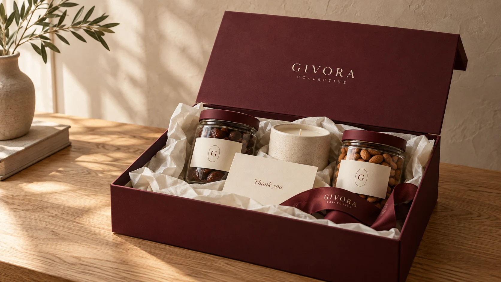 An open Burgundy appreciation box with jars and a handwritten card