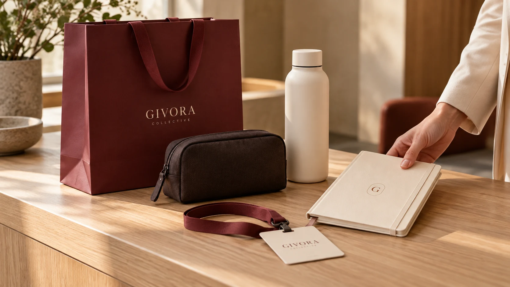 Burgundy conference gift bag, bottle, pouch and stationery on oak