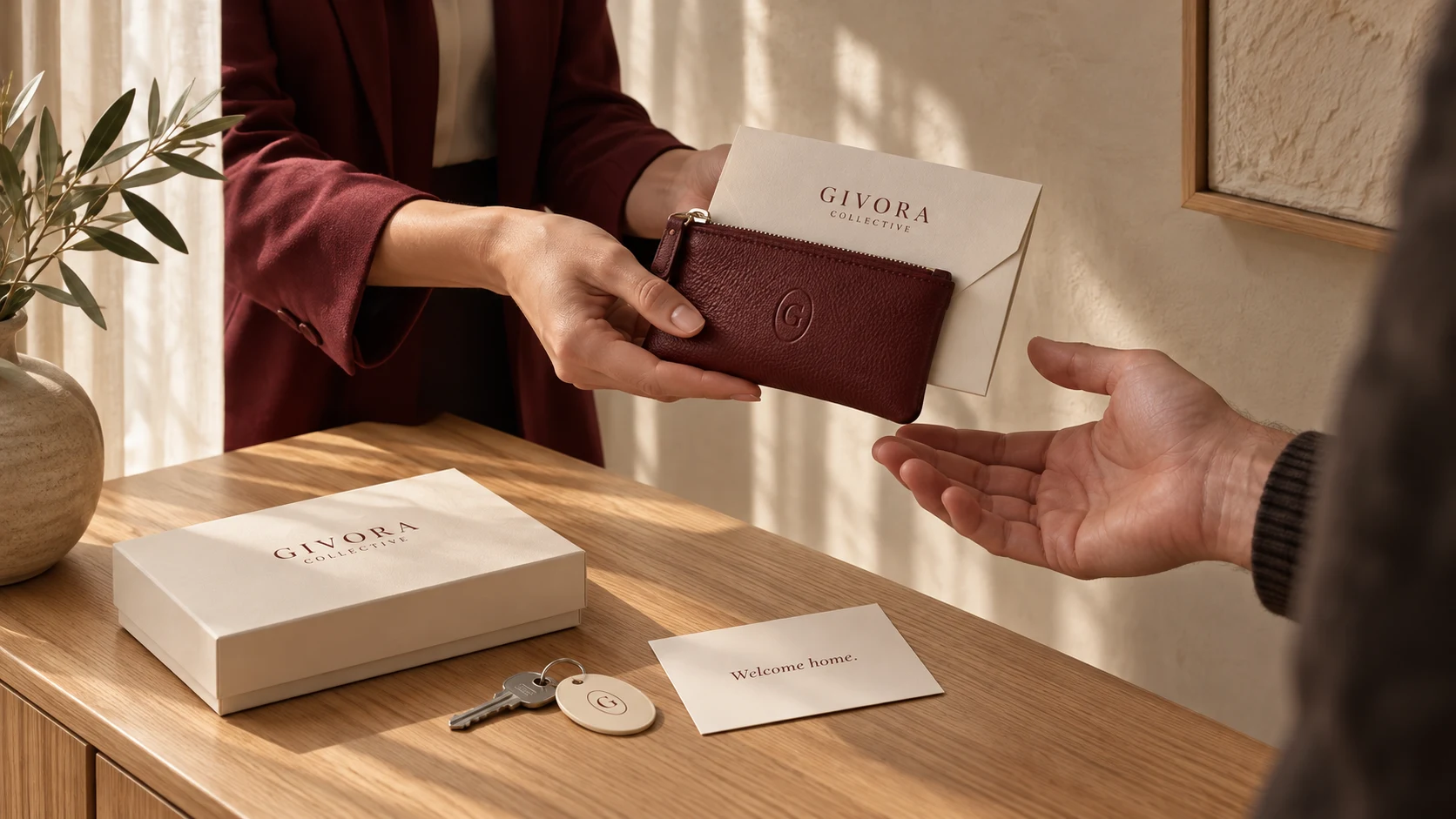 Two people exchanging a Burgundy and Ivory Givora gift at a property handover