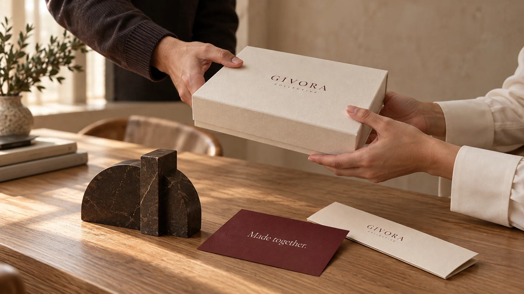 Hands exchanging an Ivory Givora gift box across an oak table