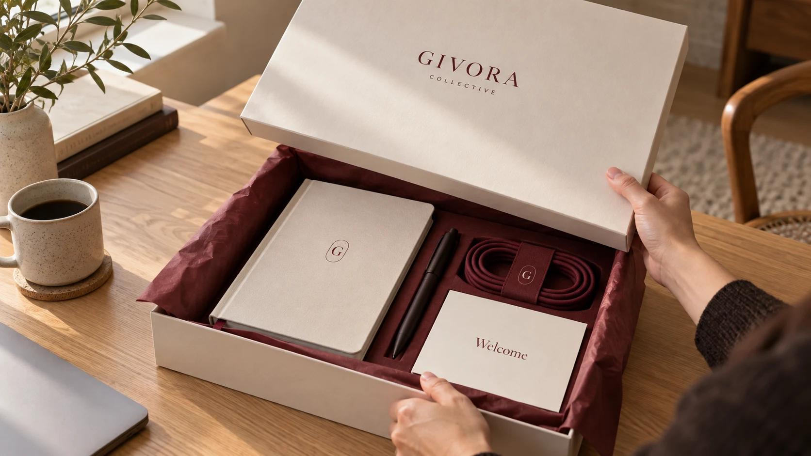 An open Ivory welcome gift box containing a notebook, ribbon and personal note