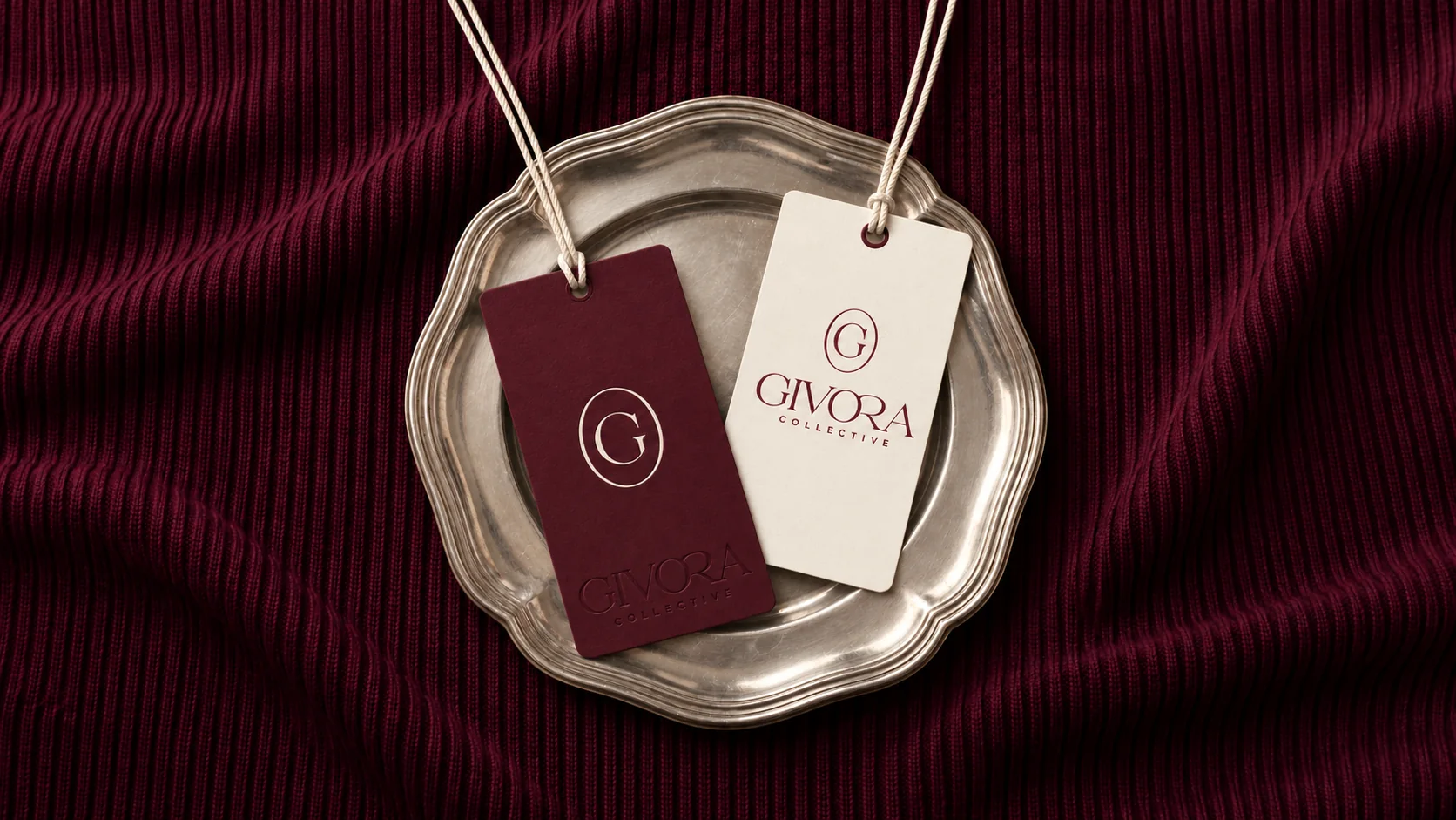 A Burgundy tag with the Ivory monogram and an Ivory tag with the Burgundy stacked lockup on a pewter dish